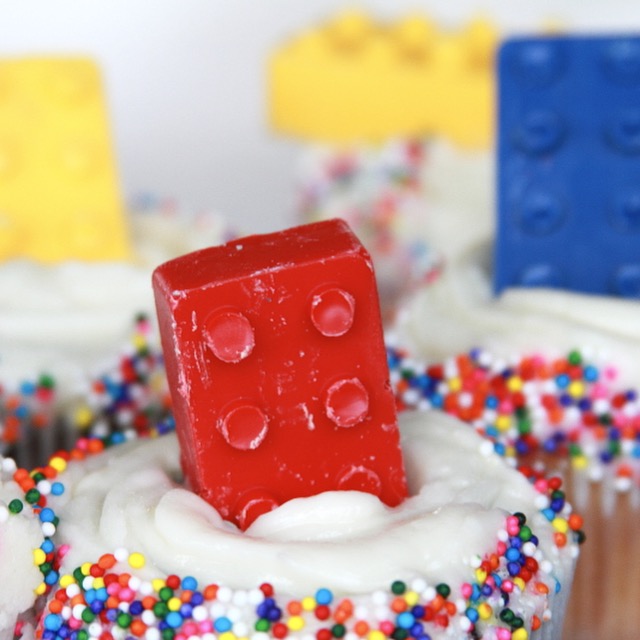 red lego candy brick inside cupcake