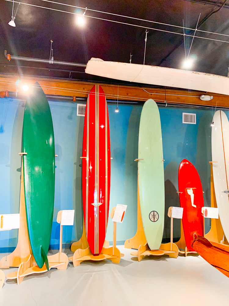 variety of surfboards displayed at California Surf Museum