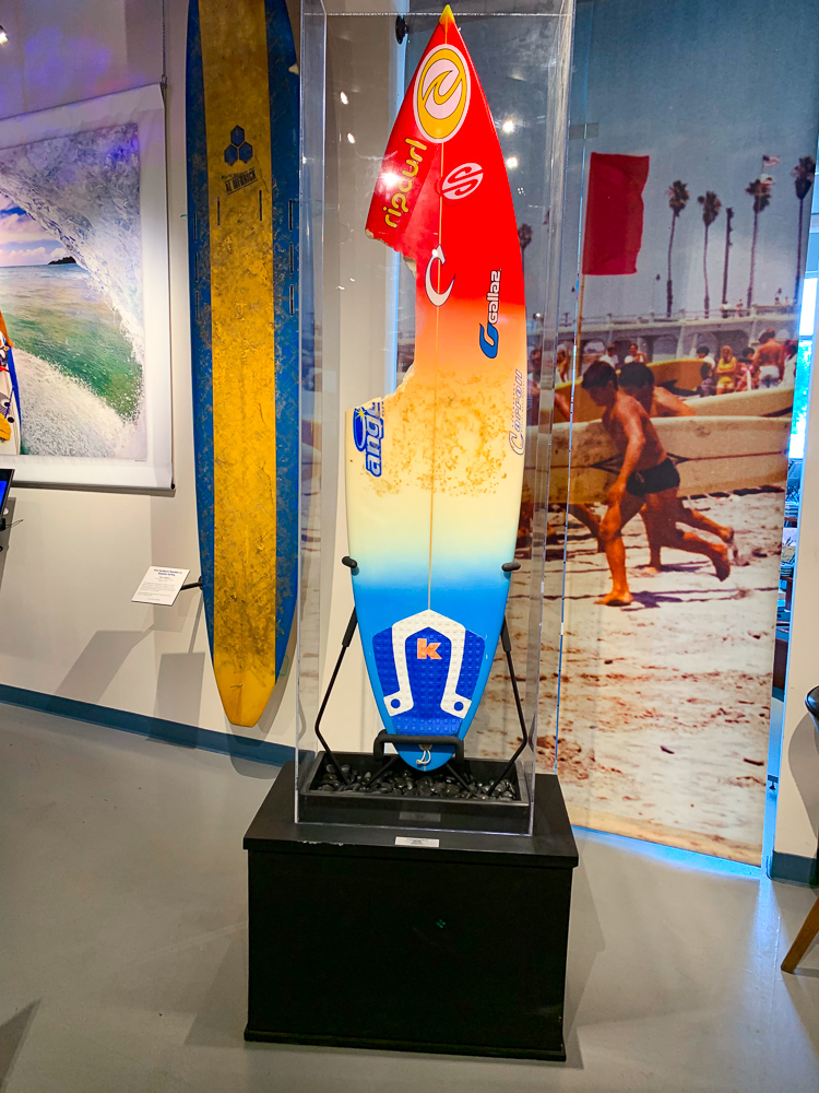 surfboard displayed at the California Surf Museum