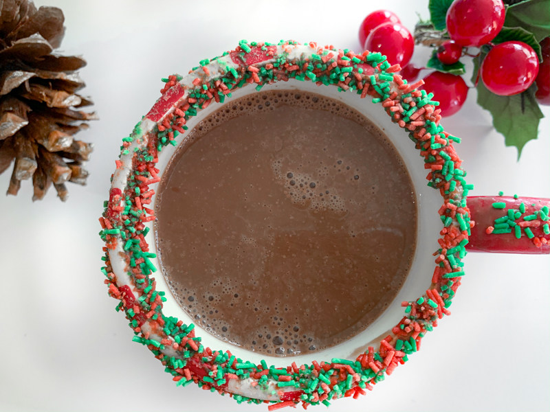 keto hot chocolate with red and green sugar free sprinkles