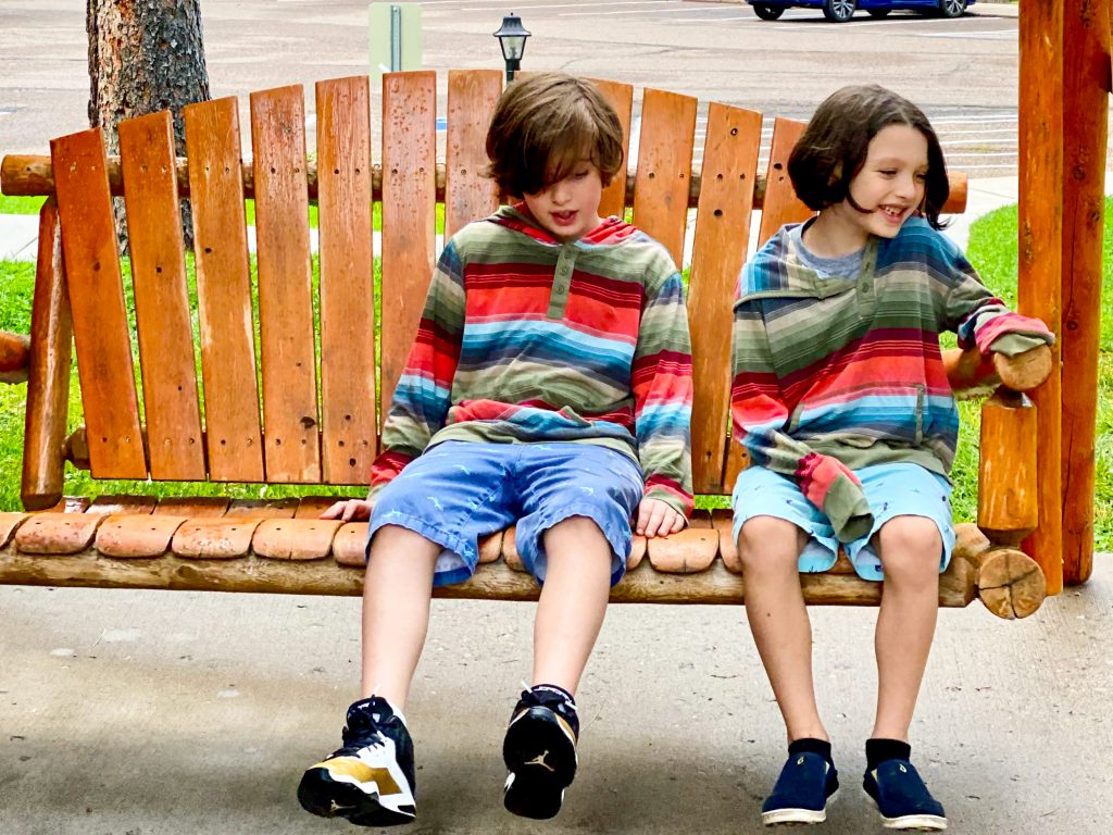 two boys sitting on a swing