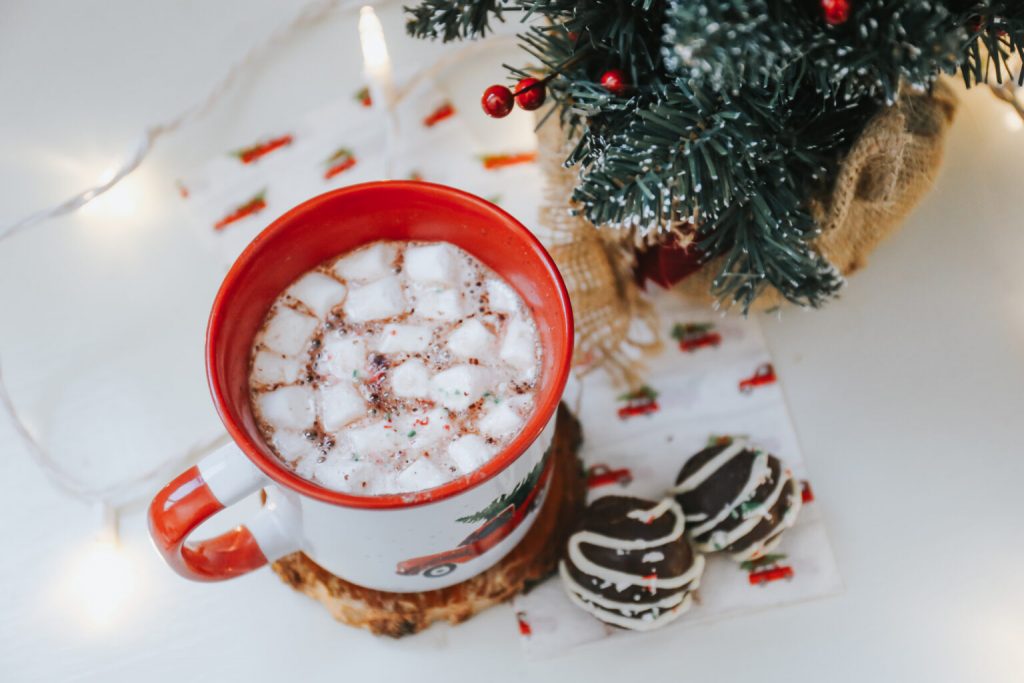 Holiday Hot chocolate with marshmallows in a mug