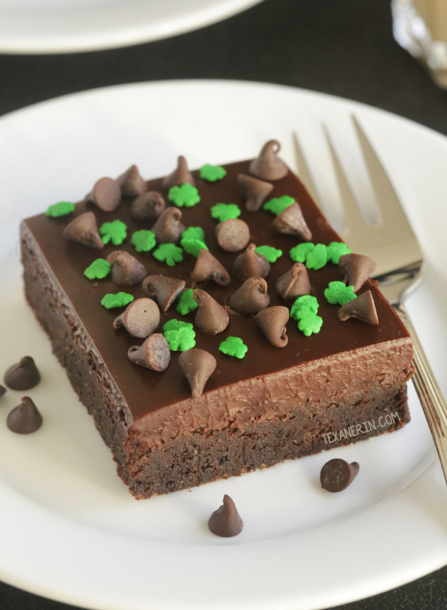 Baileys Brownies with green shamrocks and chocolate chips for St. Patrick's Day Desserts