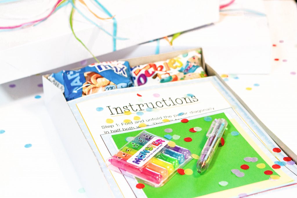 box with an instructions and highlighters for kid's virtual Birthday party