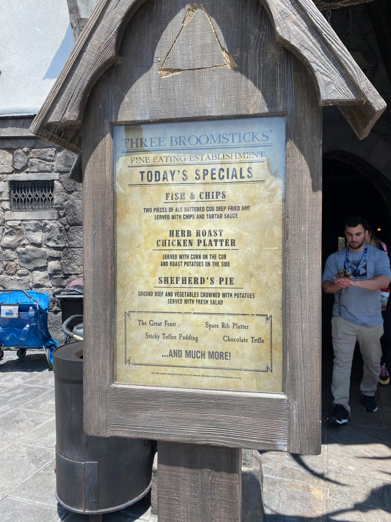 sign outside the three broomsticks with Today's Specials at Universal Studios Hollywood™